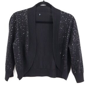 100% Wool Sequin Cardigan Womens XL Black Party Evening Festive Holiday Sparkly